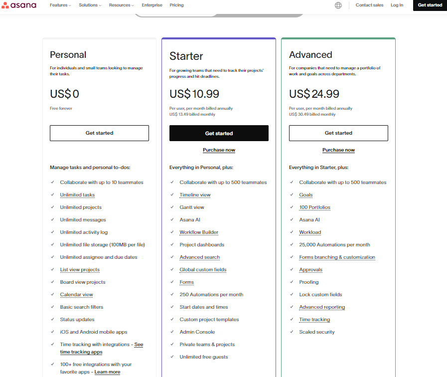 Asana Pricing Page Screenshot 
