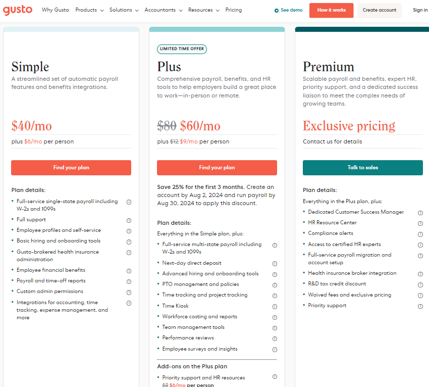 Gusto Pricing Page Screenshot