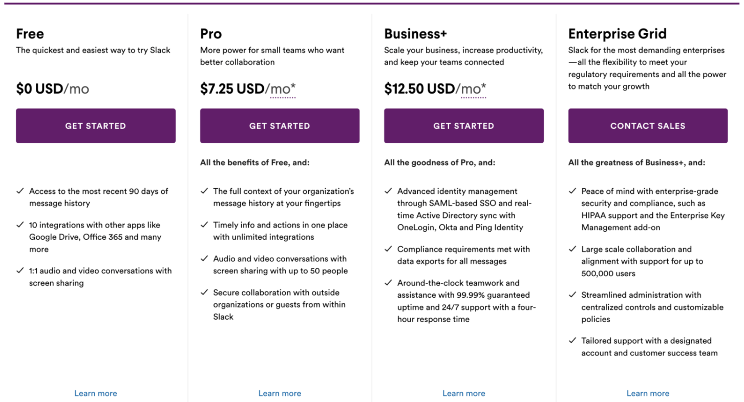 Slack Pricing Page Screenshot